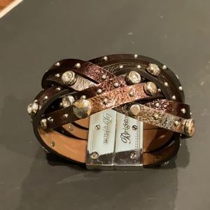 Brighton Thea Harlow silver, copper & dark brown genuine leather woven bracelet